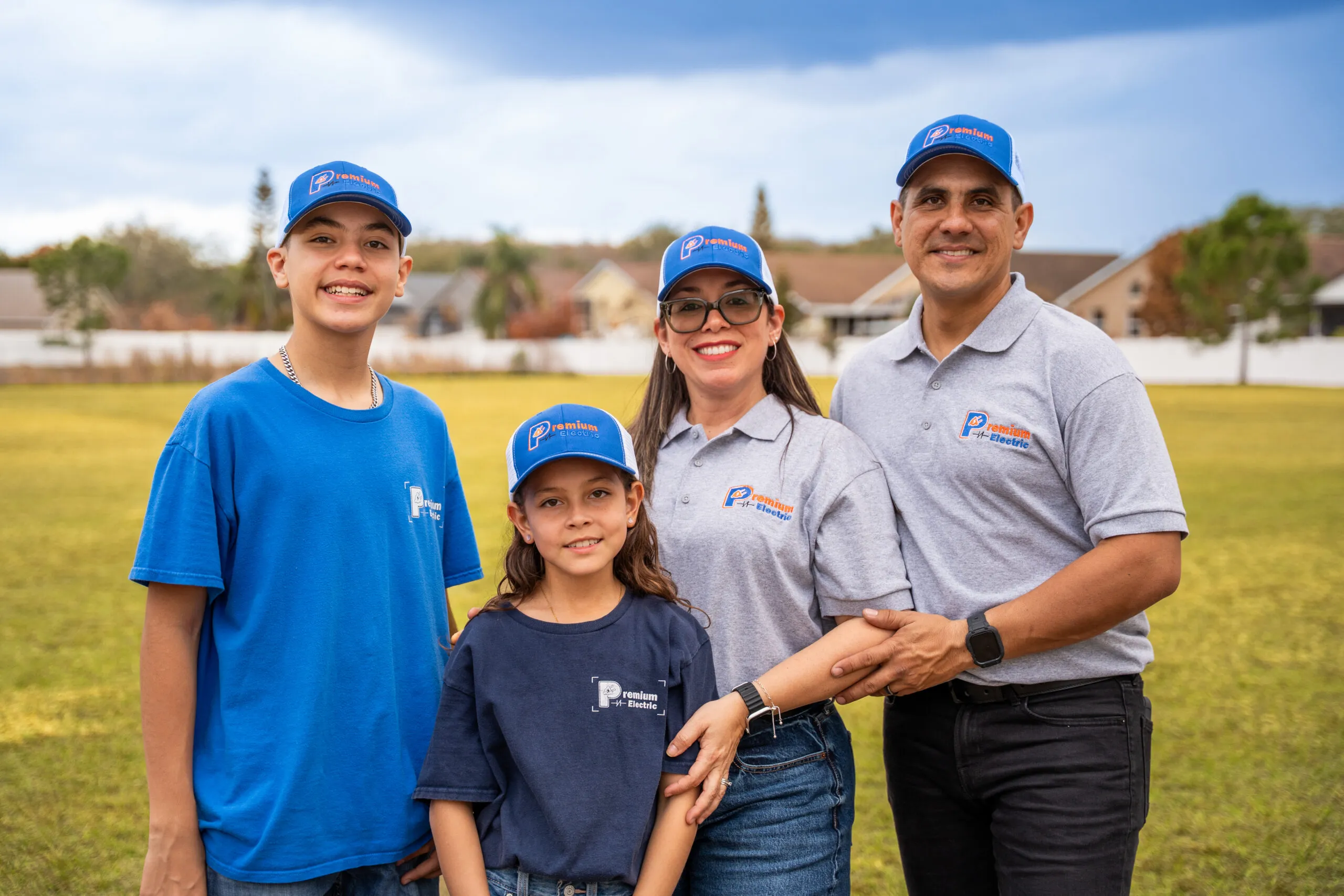 Ronny, Angie, and their two kids in Premium Electric shirts and caps, standing together on a lawn
